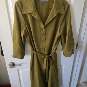 Sharagano Olive Green Shirt Dress With Waist Tie And A-line Skirt